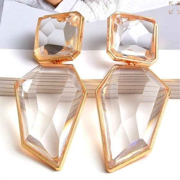 Gold statement earrings Oversized crystal clear geometric cocktail prom 💖 - Picture 13 of 16